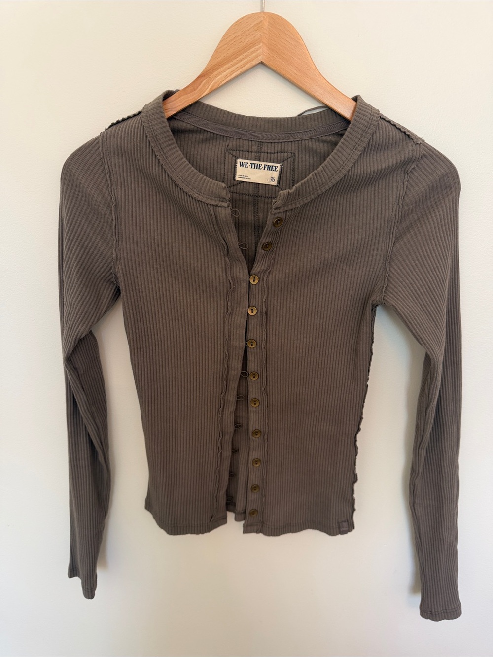 We The Free Ribbed Button-Front Long Sleeve Top - Olive